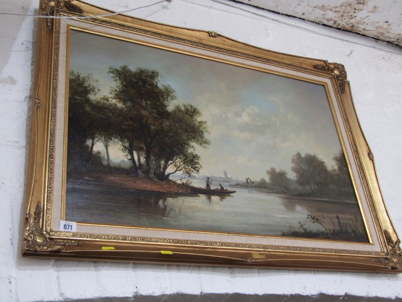 M JEFFRIES, signed oil on board "Riverscapes with Figures on a punt and town in distance", 19.5" x