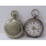 2 LADIES POCKET WATCHES, 1 silver case, 1 white metal case, white metal case in good working