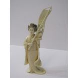 ANTIQUE CARVED IVORY FIGURE, Japanese carved figure of Geisha with banner, 6" height