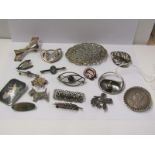 SILVER ITEMS, Including belt buckle brooches, Victorian 1887 half crown etc