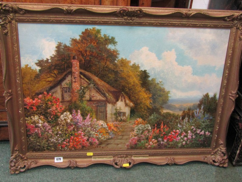 DANIEL SHERRIN, signed oil on canvas "The Cottage Garden", 19.5" x 29"