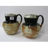 DOULTON STONEWARE, pair of silver lipped stoneware ale jugs with applied hunting and toper