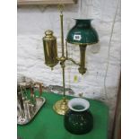 LIGHTING, brass circular bases patent oil lamp with 2 green glass shades, 21" height