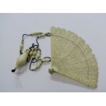 ANTIQUE IVORY FAN, pierced and low relief carved blades, together with antique ivory rosary