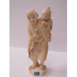 ANTIQUE IVORY CARVED GROUP, signed base figure of Father, Son and Exotic Bird, 7" height