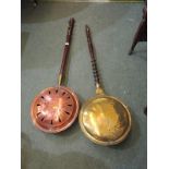 ANTIQUE METALWARE, Georgian pierced brass long handled warming pan and 1 similar copper warming pan