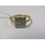 18ct YELLOW GOLD DIAMOND CLUSTER RING, 9 Small well matched diamonds in square form, size 'L'