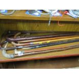 WALKING STICKS, 8 assorted walking sticks some with silver ferrules, an antler handled riding