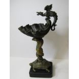 ANTIQUE BRONZE, Renaissance - design, black marble base centre piece of mermaid supporting shell