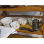 STAFFORDSHIRE JELLY MOULDS, 4 assorted Staffordshire shaped jelly moulds, carved wood servers & a