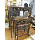 ORIENTAL FURNITURE, set of 3 rosewood graduated occasional tables, pierced stylised frieze panels