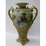 NORITAKE-STYLE VASE, twin gilt handled inverted baluster 11" vase decorated with reserves of