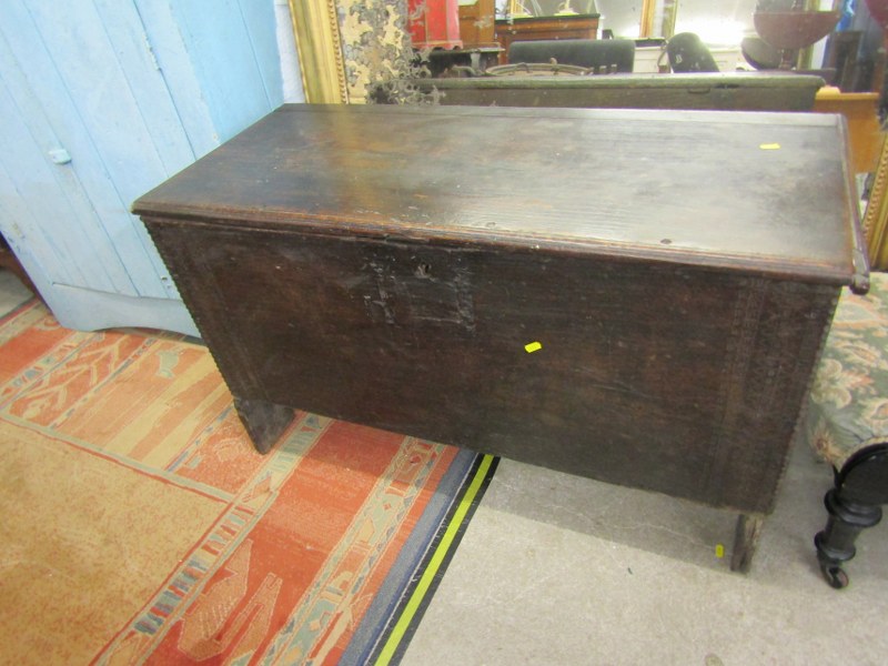 17TH CENTURY OAK 6 PLANK COFFER, with geometric engraved decoration to front, 39"