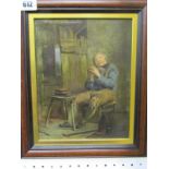 19th CENTURY CONTINENTAL SCHOOL, oil on board "Portrait of seated workman", 9.5" x 7"