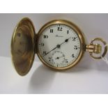 GOLD PLATED FULL HUNTER POCKET WATCH, By Renown, in Dennison 10 year guarantee gold plated case with