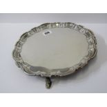 SILVER CARD TRAY, with shaped border on 3 raised feet, makers Mapin & Webb, sheffield, 10" diameter,