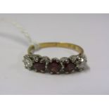 18ct 5 STONE GARNET & DIAMOND RING, 3 principal garnets set with diamond to each side, total diamond