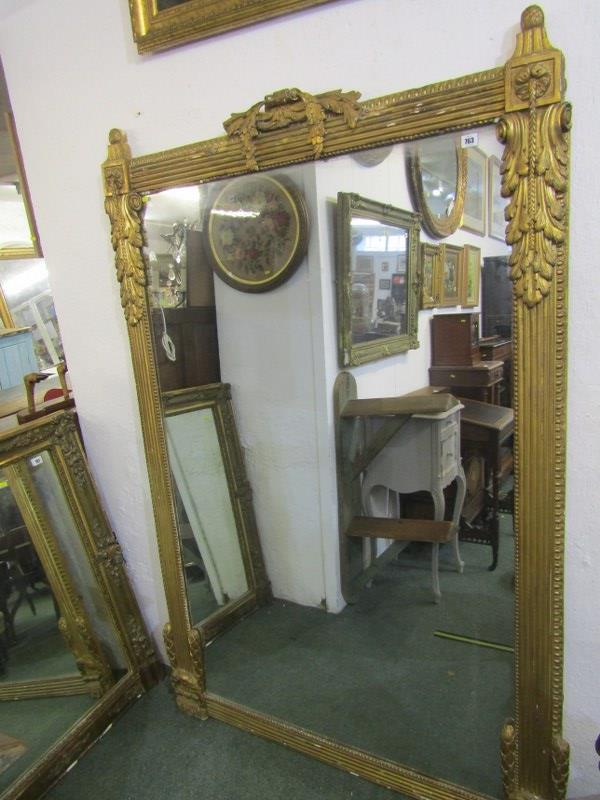 19th CENTURY GILT OVER MANTLE, acanthus bracket support and floral cresting, 72" height 47" width