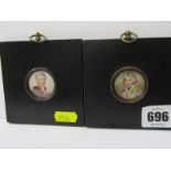 NELSON & WELLINGTON, 2 ebony framed miniature portraits with wax seal base