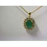 14ct YELLOW GOLD EMERALD & DIAMOND PENDANT, On 14ct yellow gold Spiga Franco link chain