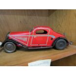 TIN PLATE CAR, possibly Wells pre war clockwork car with key, 12.5" length