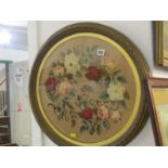 VICTORIAN TAPESTRY, a fine relief needlework oval floral tapestry, 17" diameter