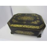 CHINESE LACQUERED WORKBOX, early 19th Century octagonal gilt decorated needlework box with fitted