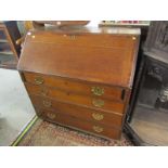 ANTIQUE OAK BUREAU, cross banded oak bureau of 4 long graduated drawers, Georgian design brass