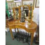 KIDNEY SHAPED DRESSING TABLE, inlaid burr triple drawer dressing chest with triptych bevelled