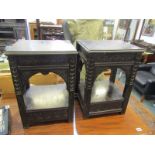FLEMISH VASE STAND, pair of carved oak square top vase stands, 20" height