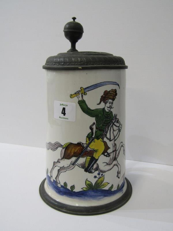 DELFT TANKARD, pewter lidded tankard decorated with equestrian warrior, 9.75" height