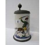 DELFT TANKARD, pewter lidded tankard decorated with equestrian warrior, 9.75" height