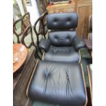 RETRO, Charles Eames- style button back black upholstered easy chair and foot stool
