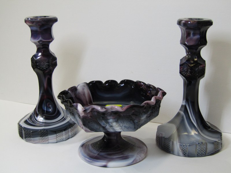 SLAG GLASS, hexagonal pedestal cream dish and pair of matching candle sticks (1 restored)
