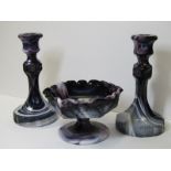 SLAG GLASS, hexagonal pedestal cream dish and pair of matching candle sticks (1 restored)