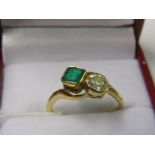 18ct YELLOW GOLD EMERALD & DIAMOND BYPASS RING, principal old cut diamond approx. 0.5ct, of good