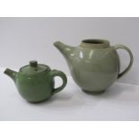 STUDIO POTTERY, Celadon glaze spherical tea pot, (no lid) together with green glazed miniature tea