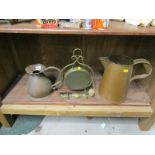 METALWARE, Edwardian brass table gong & two copper water jugs