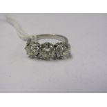 18ct AN ATTRACTIVE WHITE GOLD & PLATINUM 3 STONE DIAMOND RING; 3 Transitional cut diamonds of good