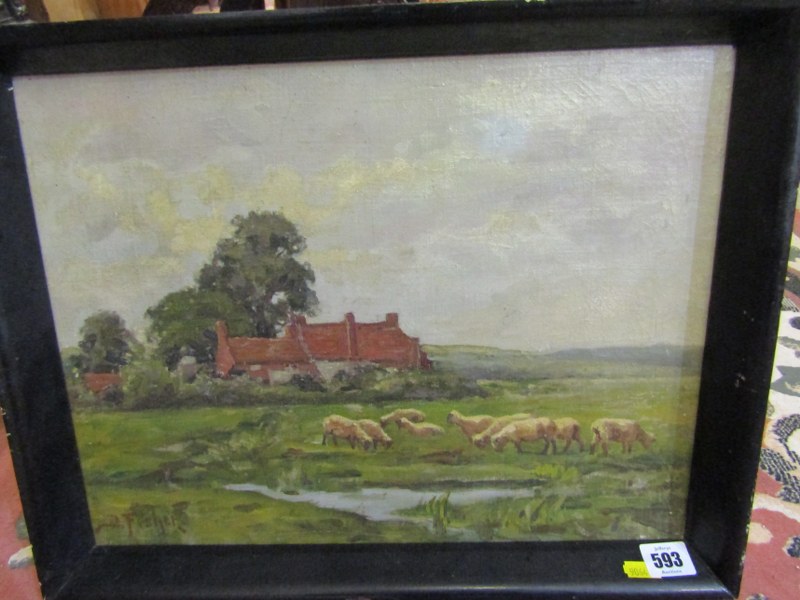 D FISHER, 19th Century oil on canvas "Sheep in a Landscape", 12.5" x 16"