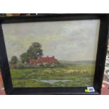 D FISHER, 19th Century oil on canvas "Sheep in a Landscape", 12.5" x 16"