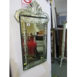 VENETIAN STYLE MIRROR, etched panel glass ornate wall mirror, 30.5" height 17" width
