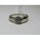 9ct WHITE GOLD DIAMOND CLUSTER RING, size Q