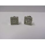 9ct WHITE GOLD SQUARE DIAMOND CLUSTER EARRINGS, well matched brilliant cut diamonds totalling approx