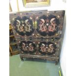 ORIENTAL FURNITURE, laquered 4 cupboard cabinet decorated with fabulous dragons and brass mounts,