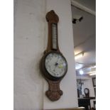 ANEROID BAROMETER, carved oak cased barometer with inset thermometer, 32.5" height
