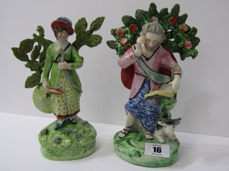 EARLY STAFFORDSHIRE bocage figures, "Man reading with Calf" and "Female Archer", 8" height (some