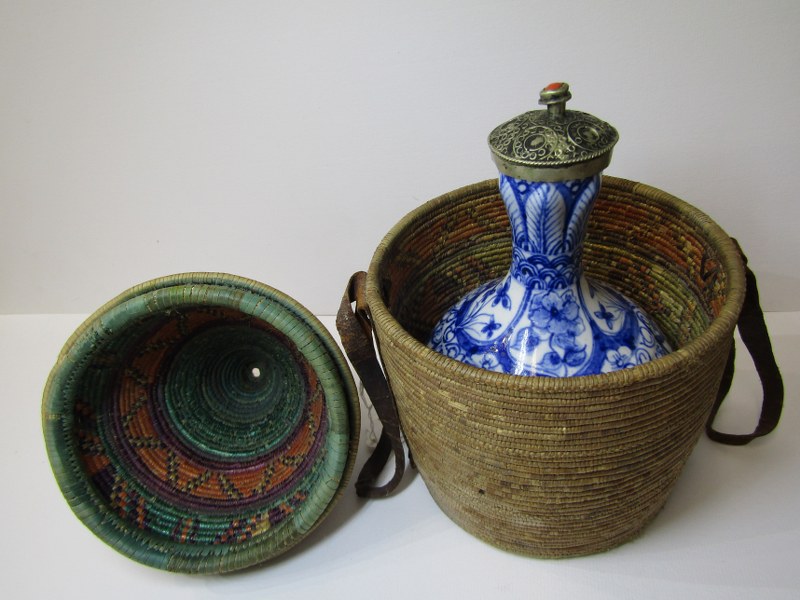 ORIENTAL CERAMICS, underglaze blue ribbed gourd 7" vase with white metal lid in Eastern coiled - Image 2 of 6