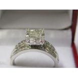 9ct WHITE GOLD DIAMOND CLUSTER RING, Principal cluster of princess and rectangular cut diamonds with