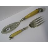 SILVER MOUNTED FISH SERVERS, with pierced & engraved plated blades with silver ferrules & pistol
